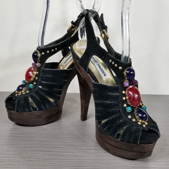 Steve Madden Tifanny Jewelled Platform Heels, Black Suede, Womens Size 5.5 M - Picture 4 of 11